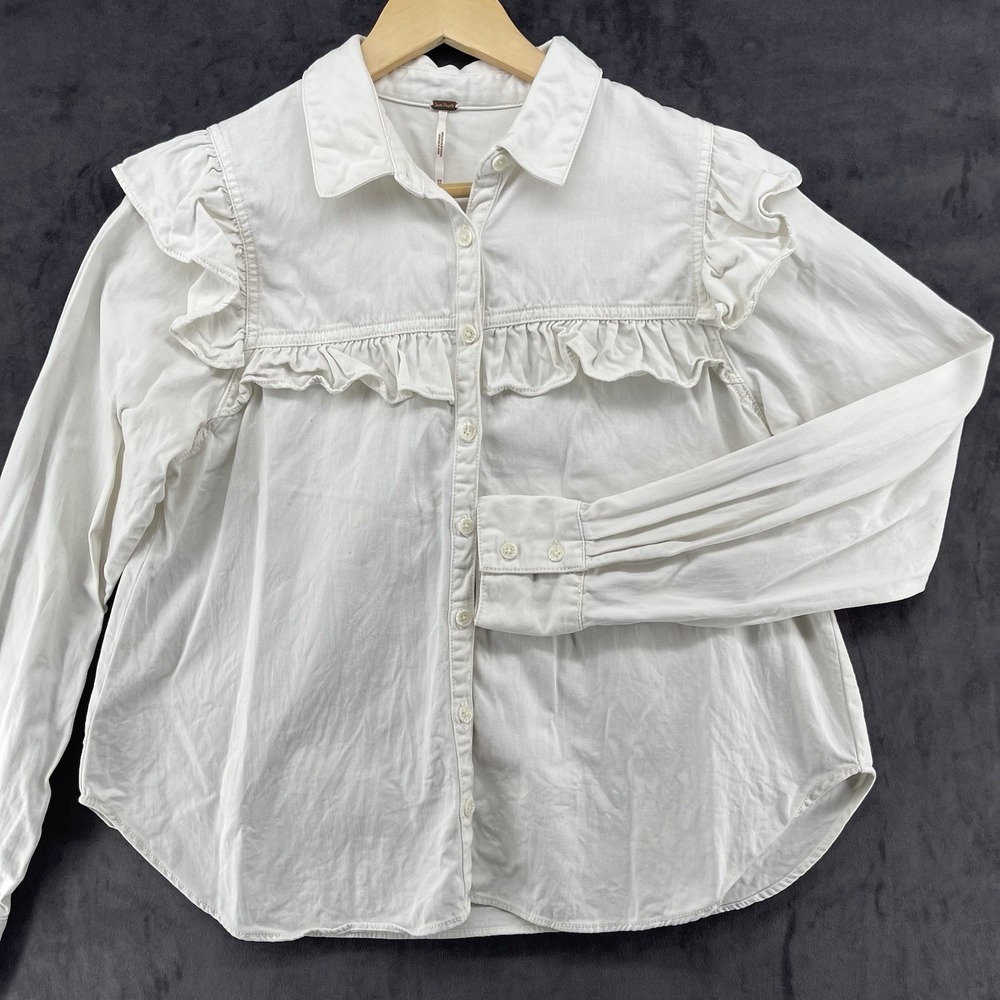 Free People White Ruffle Blouse XS Boho Cottagecore Y2K